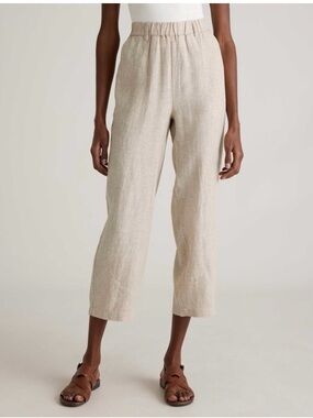 Quince Natural Beige Elastic-Waist Crop Linen Blend Pants